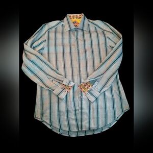 Teal Black White Gray Striped ROBERT GRAHAM ButtonFront LS Shirt M